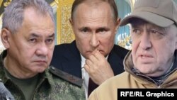 Kollaj: (soldan sağa) Sergey Şoyqu, Vladimir Putin və Yevgeni Priqojin