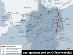 Схема трубопровода Opal, который проходит по территории Германии (обозначен красным)