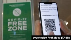 Проверка QR-кода у посетителя в ресторане, Россия, иллюстрационное фото